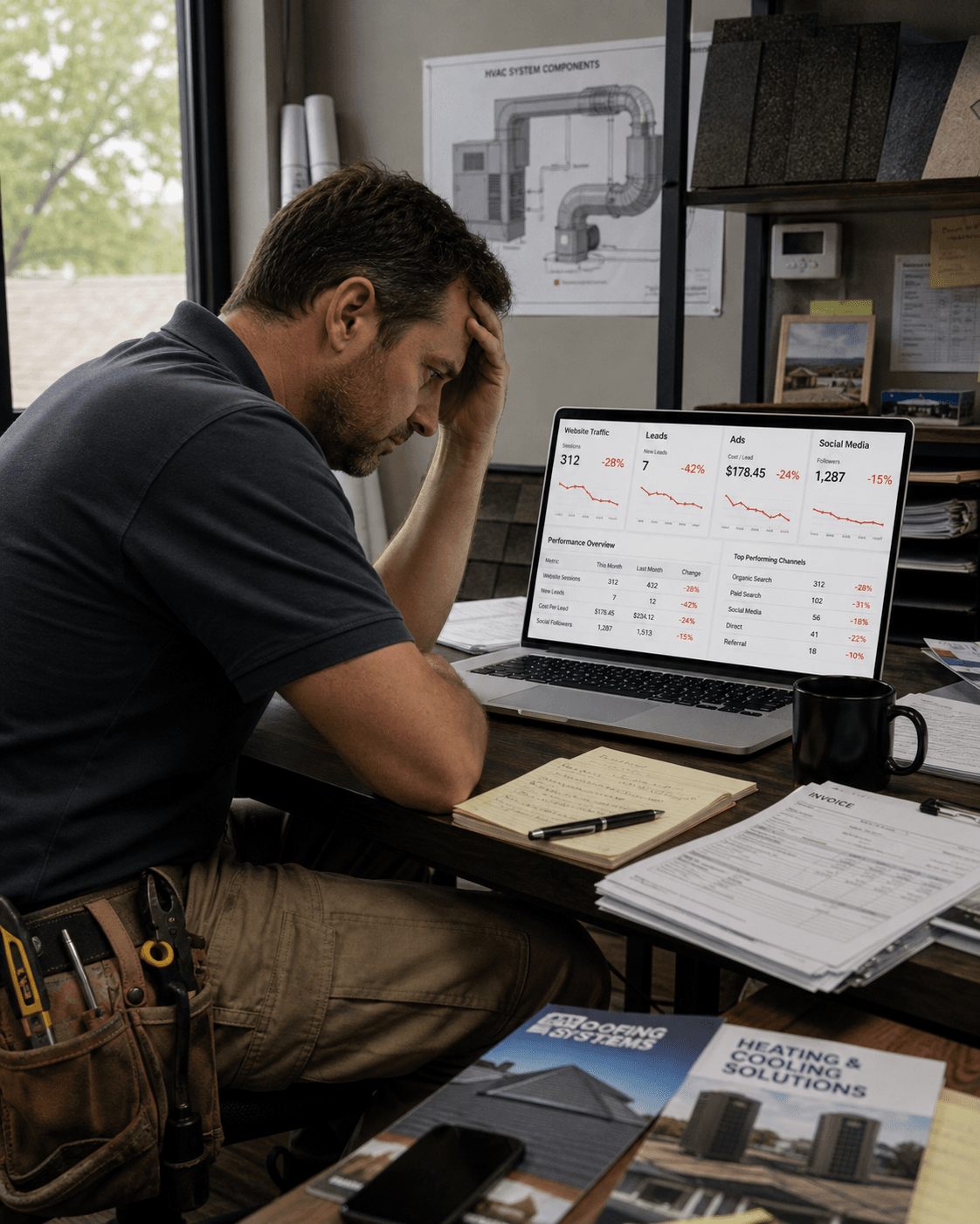 Business owner frustrated by declining marketing results